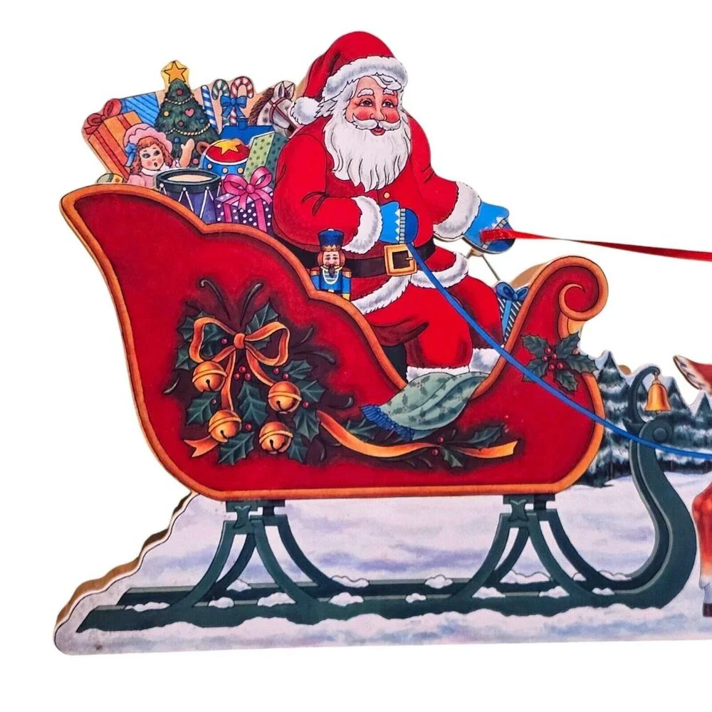 90s Christmas Animated Santa Sleigh‎ Reindeer Wooden Musical Winter Wall Decor